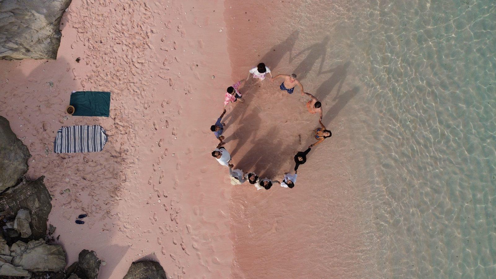 Pink Beach – Aerial group circle, pink sand, turquoise water (Echtes Foto von einer Komodo-Explorer-Fahrt)